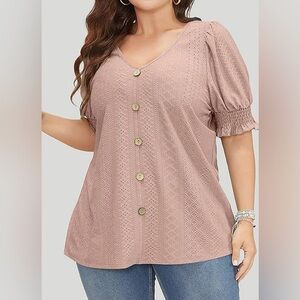 V Neck Short Puff Sleeve Tops Casual Summer Eyelet Blouses #683